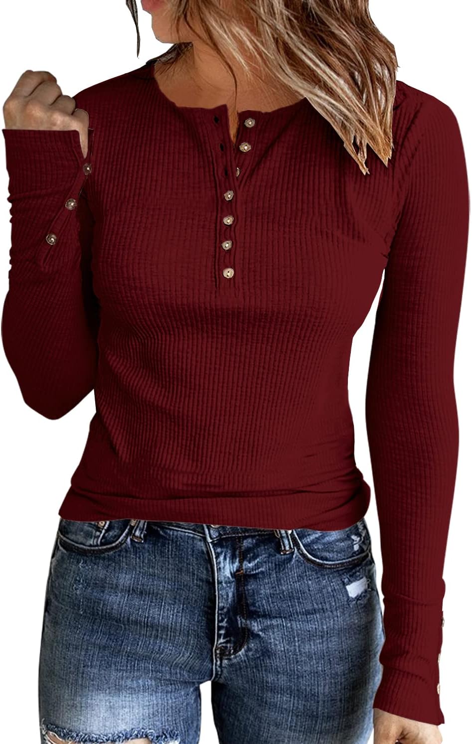 Womens Long Sleeves Ribbed Knit Tunic Shirts Scoop Neck Button Down Tops Casual...