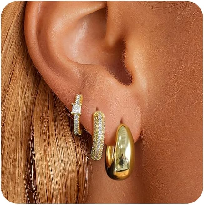 Gold Hoop Earrings Set for Women, 14K Gold Plated Small Gold Earrings Sets for M...