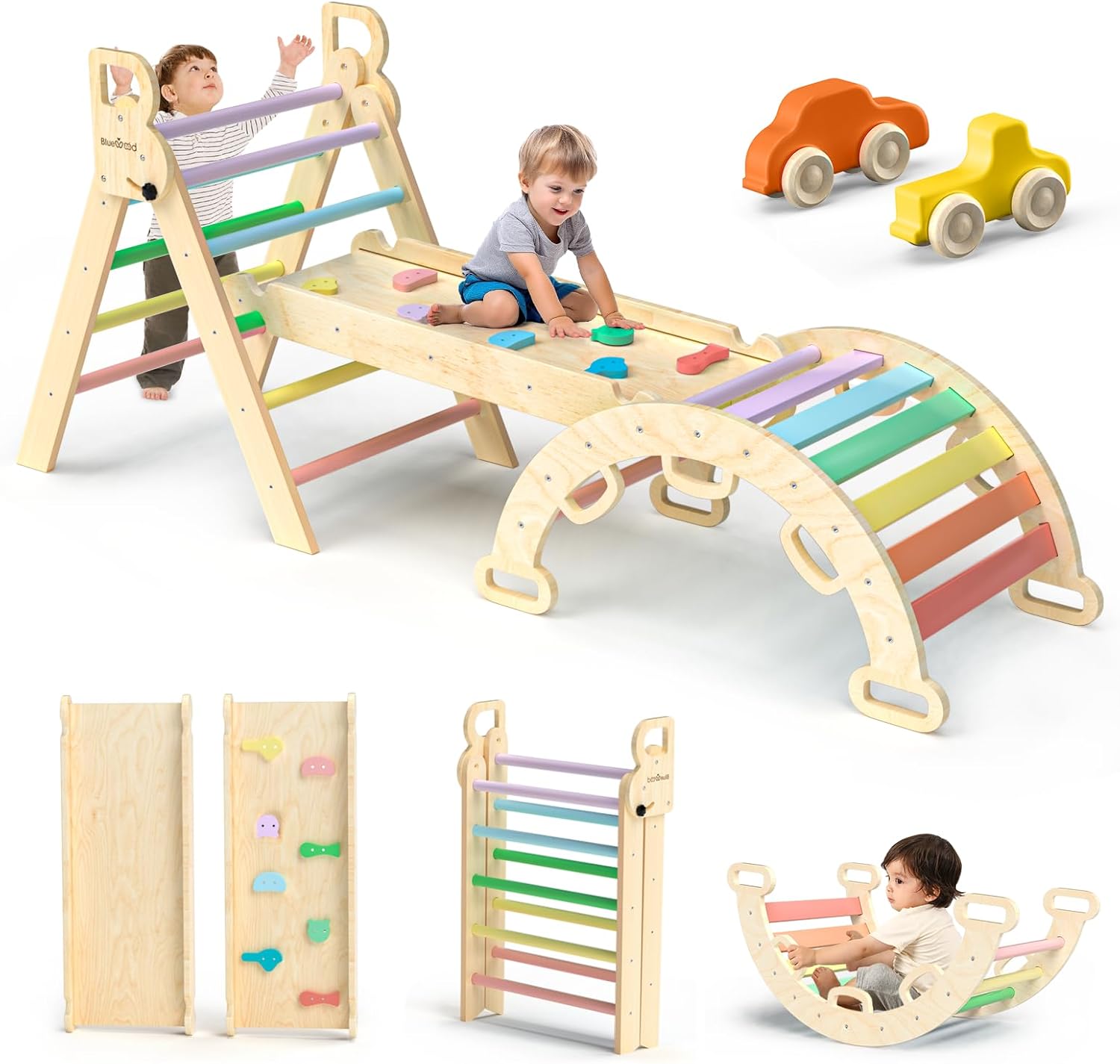 BlueWood Pikler Triangle Set 7in1 Foldable Baby Climbing Wooden Toys with Arch&R...