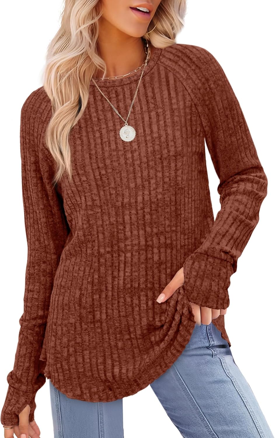 Saloogoe Women's Long Sleeve Top Crewneck Basic Lightweight Fall Shirt with Thum...