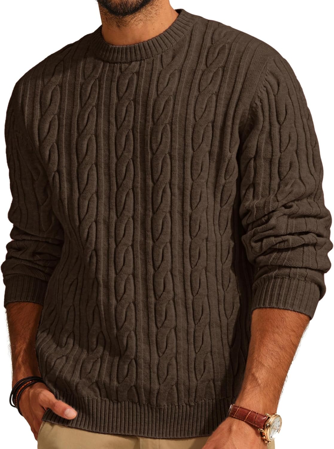 PJ PAUL JONES Mens Sweater Crewneck Cable Knit Pullover Sweater Casual Twist Tex...