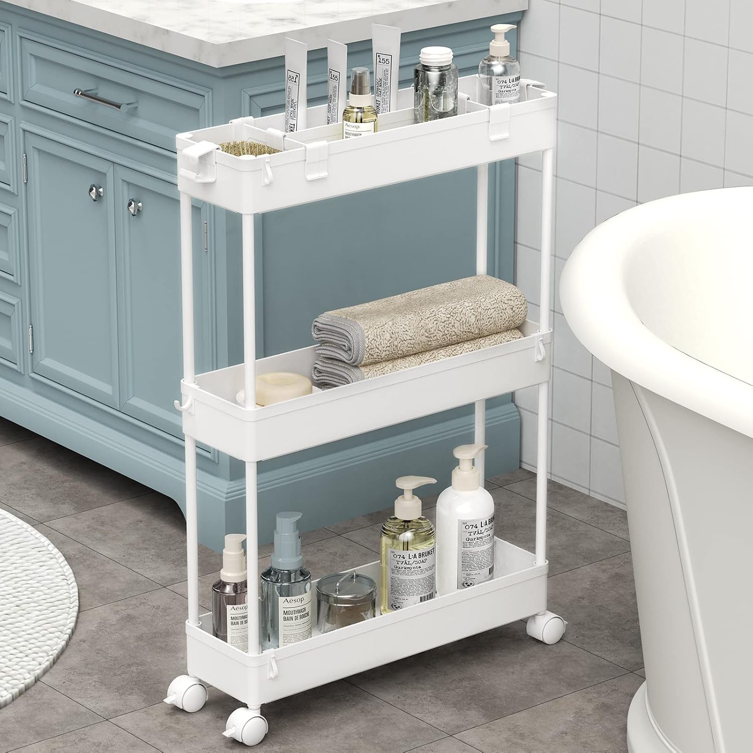 SPACELEAD Slim Storage Cart 3 Tier,Bathroom Organizer Rolling Utility, Mobile Sh...