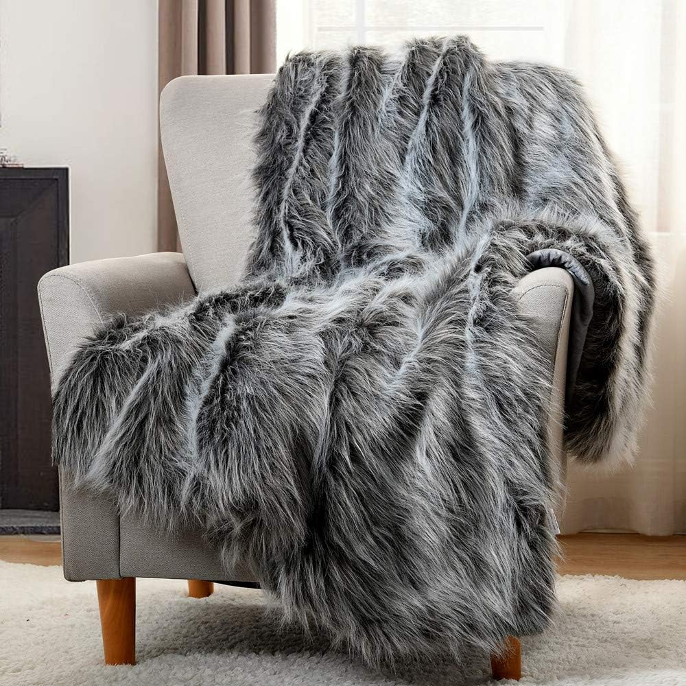 HORIMOTE HOME Faux Fur Throw Blanket, Gray Fur throw, High Pile Mixed Throw Blan...