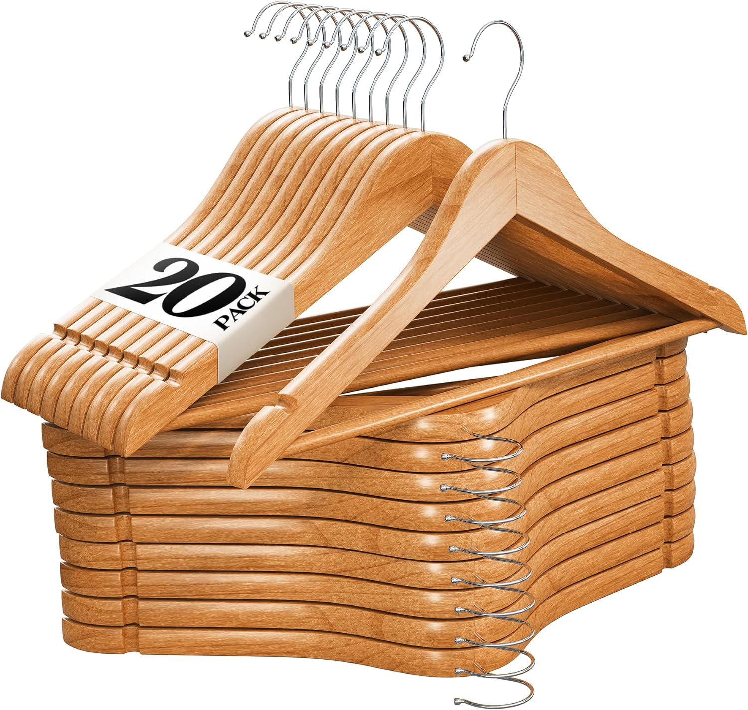 Premium Wooden Hangers 20 Pack - Durable Non Slip Coat Hangers Heavy Duty- Natur...