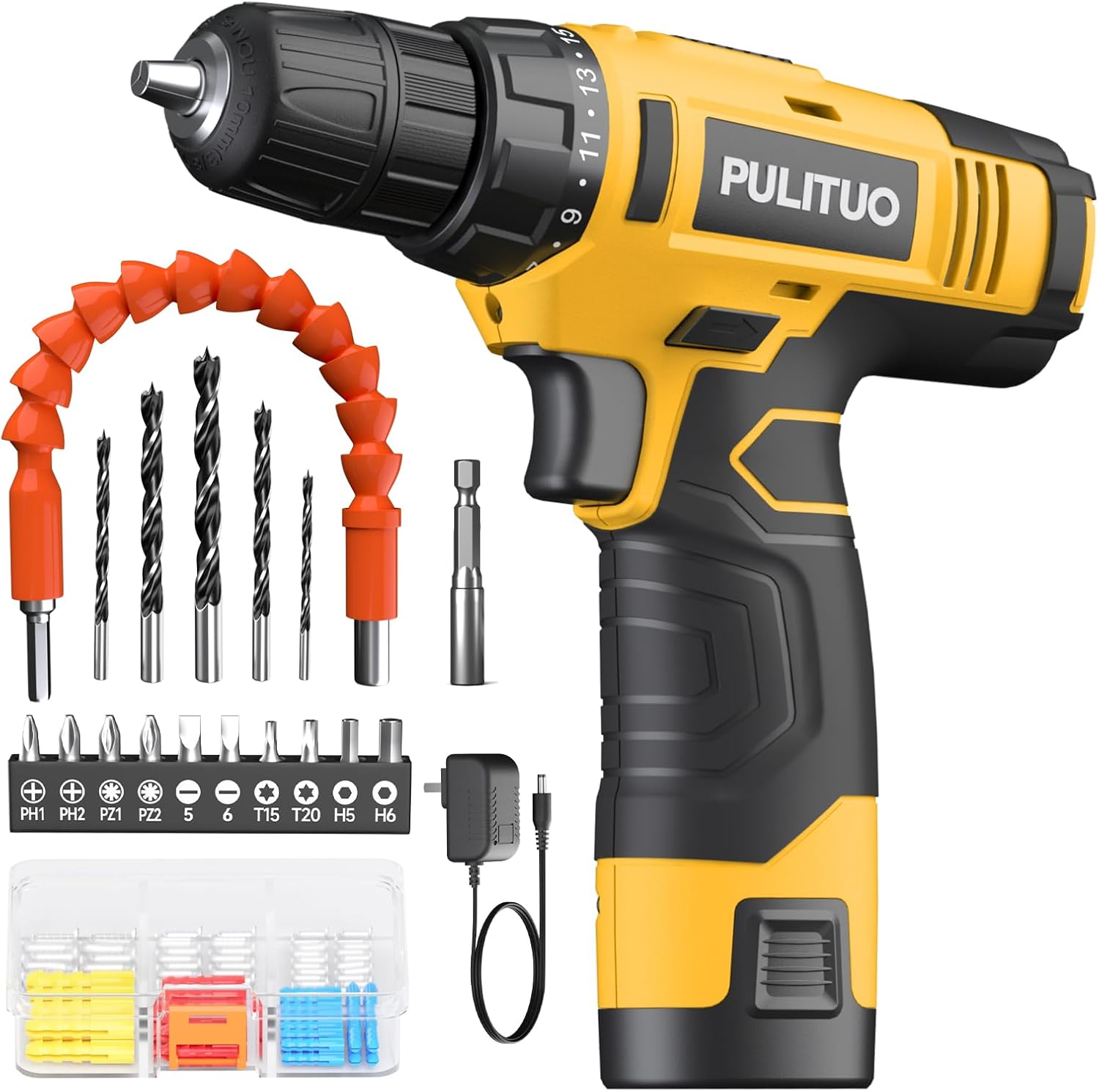 PULITUO 12V Cordless Drill ，Powerful Drill bit Sets with Li-Ion Battery, 21+1 T...