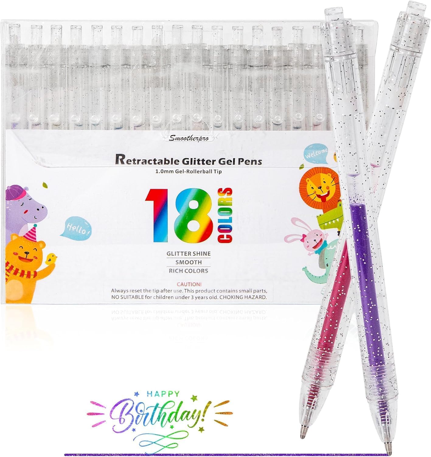 SMOOTHERPRO Glitter Retractable Gel Pens | Set of 18 | Glitter Colored Pen | for...
