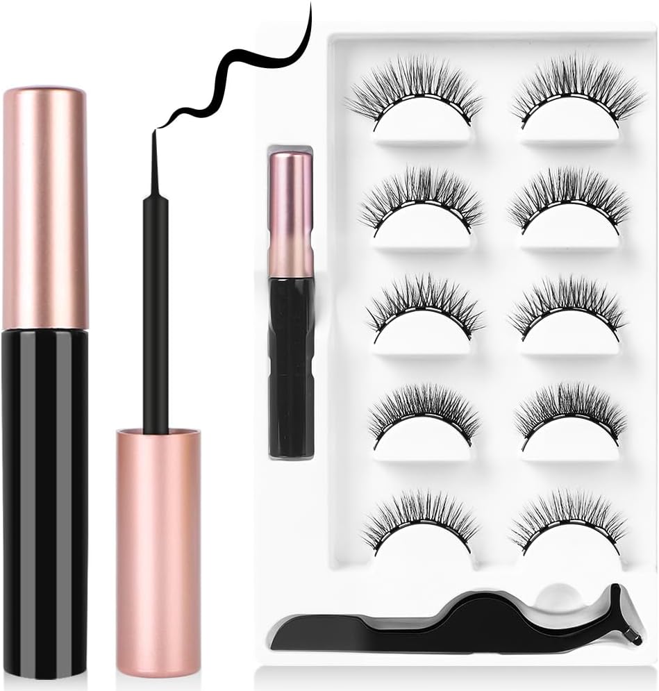 Magnetic False Eyelashes, 5 Pairs Reusable Thick False Eyelashes with Eyeliner,...
