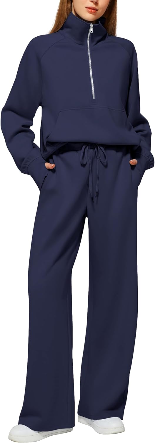 Women's 2 Piece Outfits Lounge Set 2025 Oversized Half Zip Sweatshirt Wide Leg S...