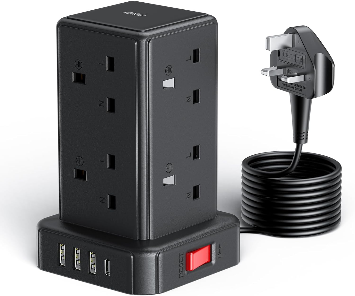 Tower Extension Lead 3M with 8 Way Multi Plug Extension Tower & 4 USB Ports (13A...