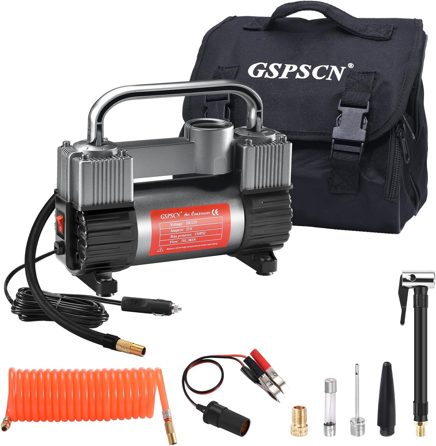 GSPSCN Tire Inflator Heavy Duty Double Cylinders, Portable Metal DC 12V Air Comp...