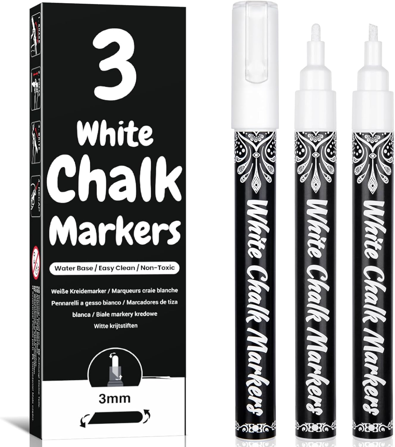 AOSUCO White Chalk Pens, 3mm Washable Liquid Chalk Markers with Reversible Tips...