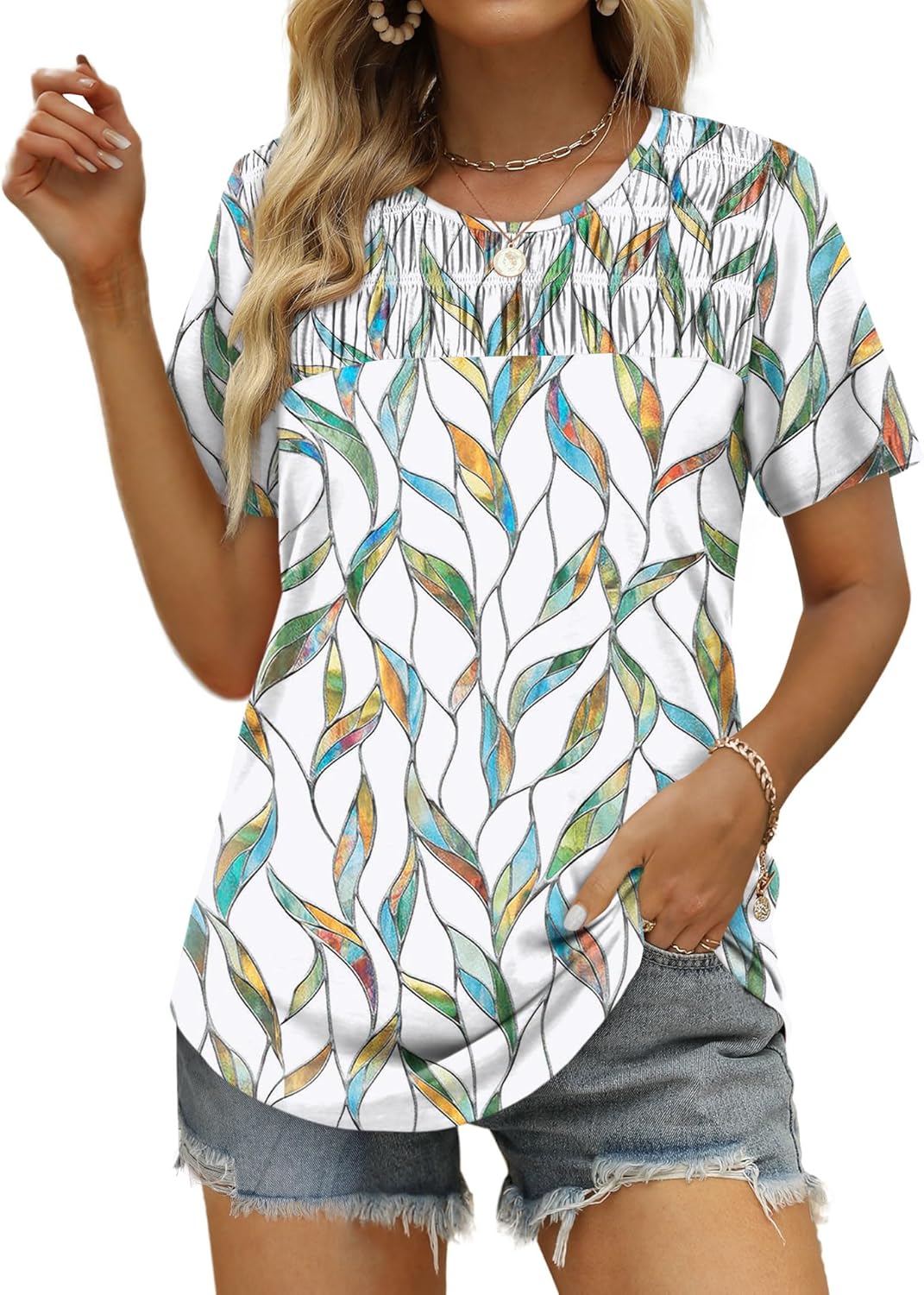 OFEEFAN Women's Summer Tops 2025 Trendy Short Sleeve Shirts Smocked Crewneck Tee...