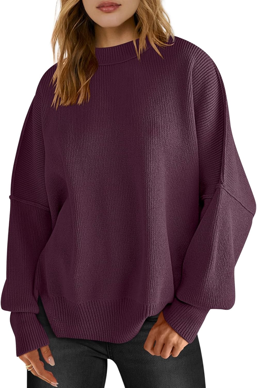 LOGENE Women's Oversized Batwing Long Sleeve Crewneck Side Slit Ribbed Knit Pull...