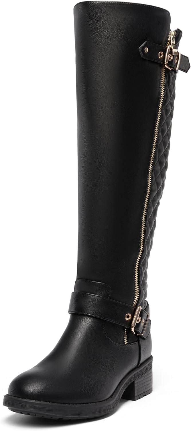 DREAM PAIRS Women's Knee High Boots Low Block Heel Riding Boots Round Toe Side Z...