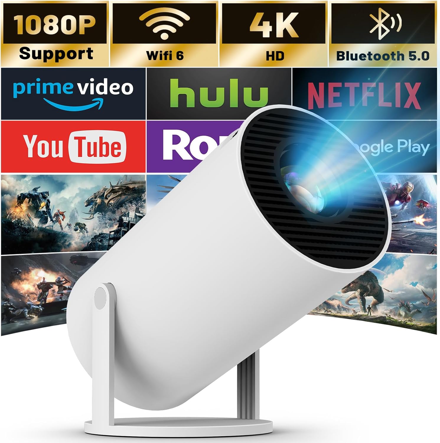 Mini Projector with WIFI 6 and Bluetooth, 4K 1080P Support Portable Projector 18...
