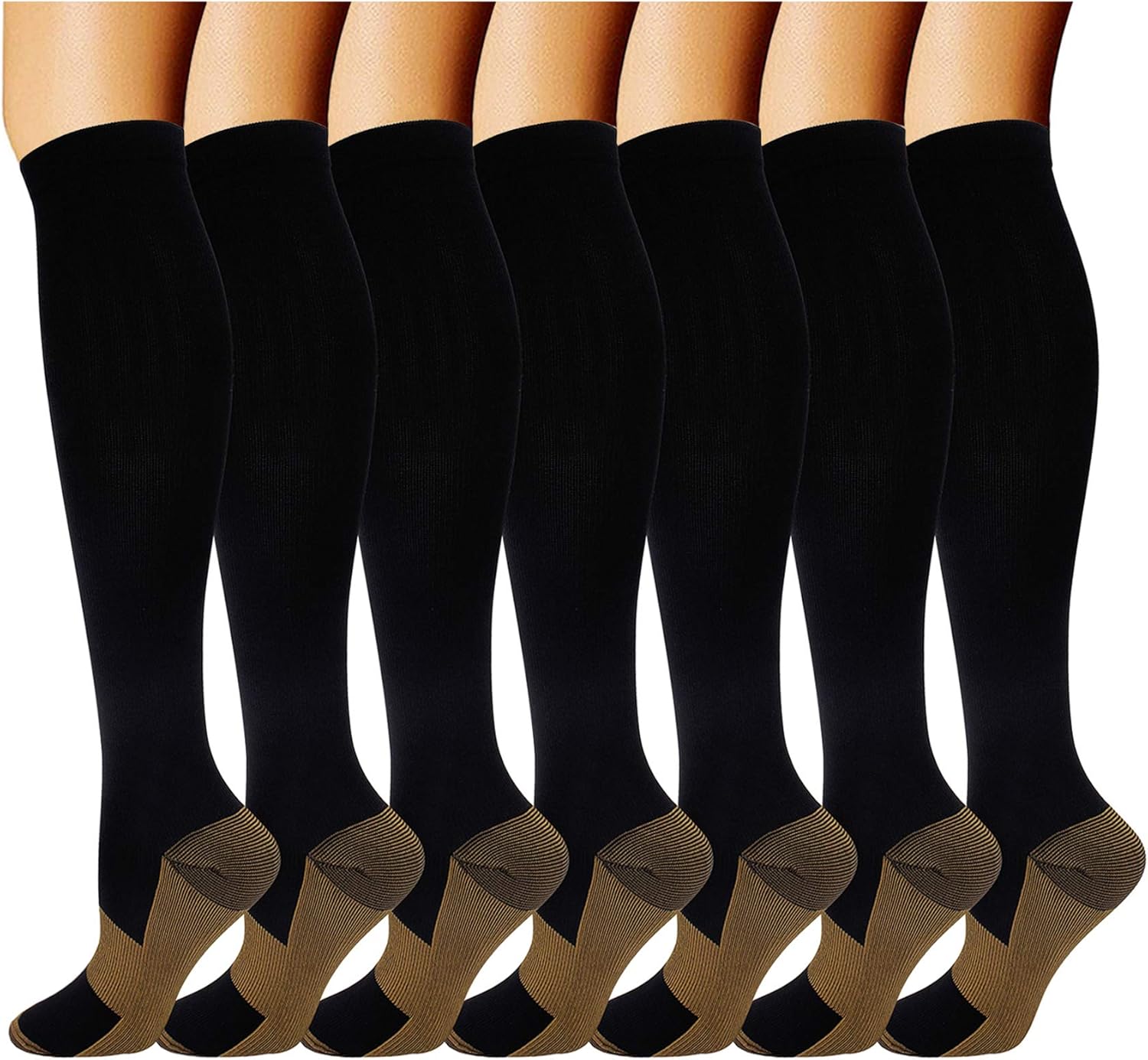 Double Couple 7 Pairs Copper Compression Socks for Men Women 20-30 mmHg Knee Hig...