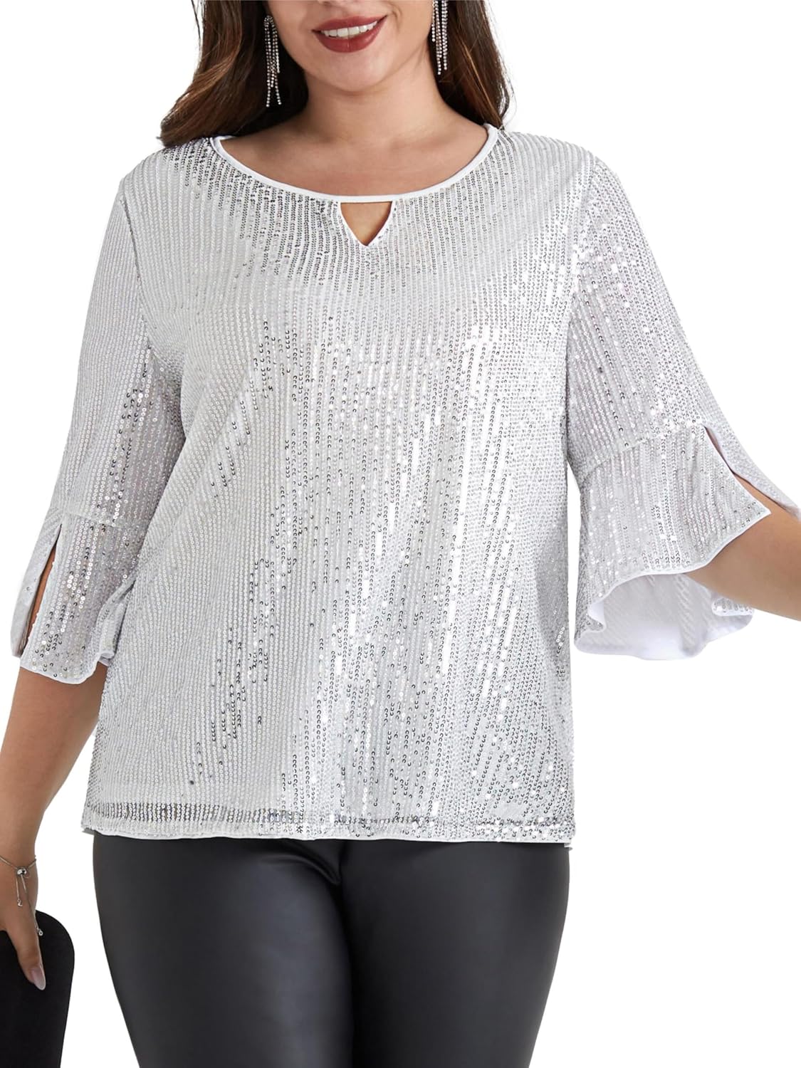 Hanna Nikole Women's Sequin Party Blouse Tops Crew Neck 3/4 Split Sleeve Sparkly...