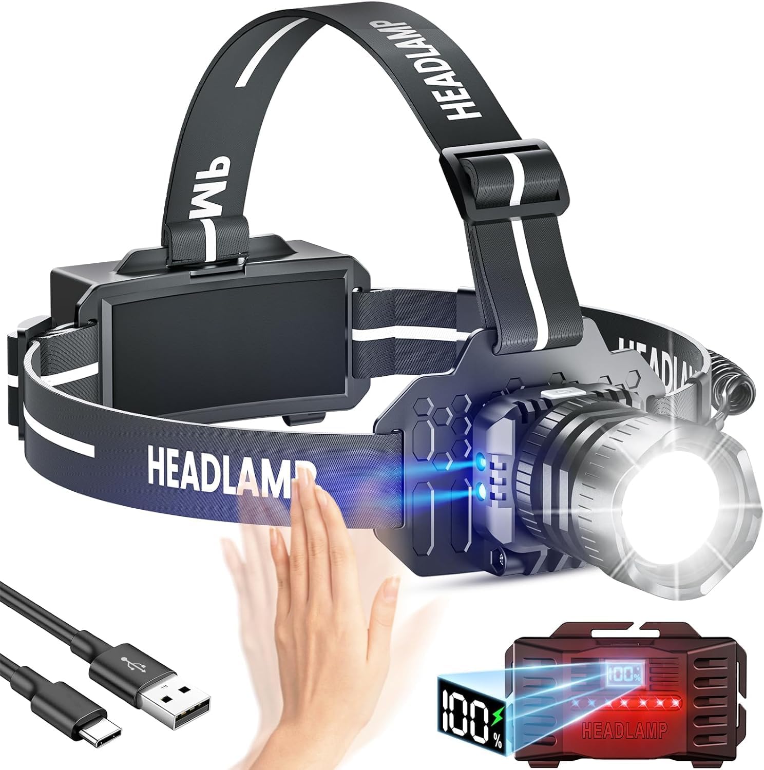 Sogdeco Head Torch,Head Torch Rechargeable 8 Light Modes 50000LM Super Bright Le...