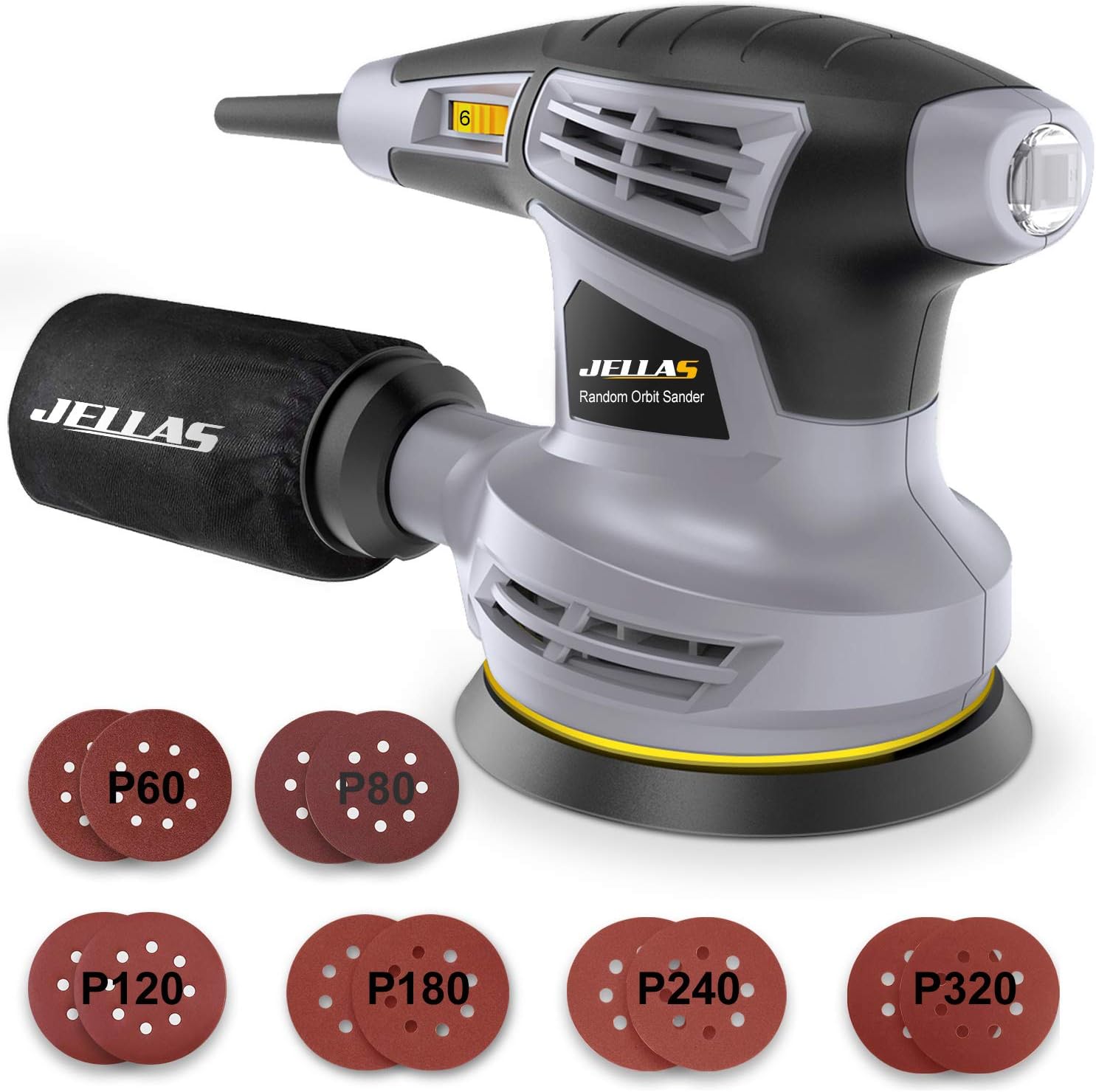 Orbital Sander, Jellas 125MM 13000RPM 6 Variable Speed Orbit Sander, 12 Pcs Sand...
