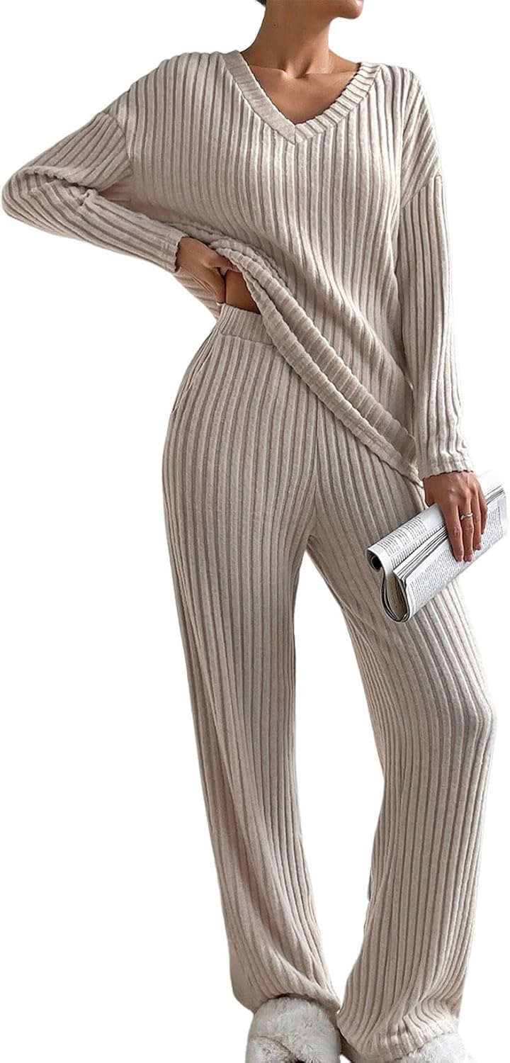 SHEWIN Women's Pajama Sets Long Sleeve Short Sleeve 2 Piece Lounge Sets Ribbed K...