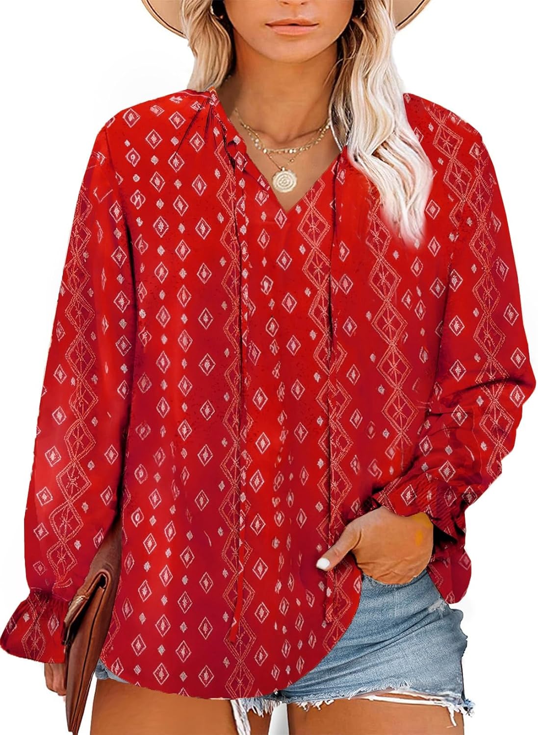 Eytino Plus Size Tops for Women Boho Floral Print V Neck Long Sleeve Drawstring...