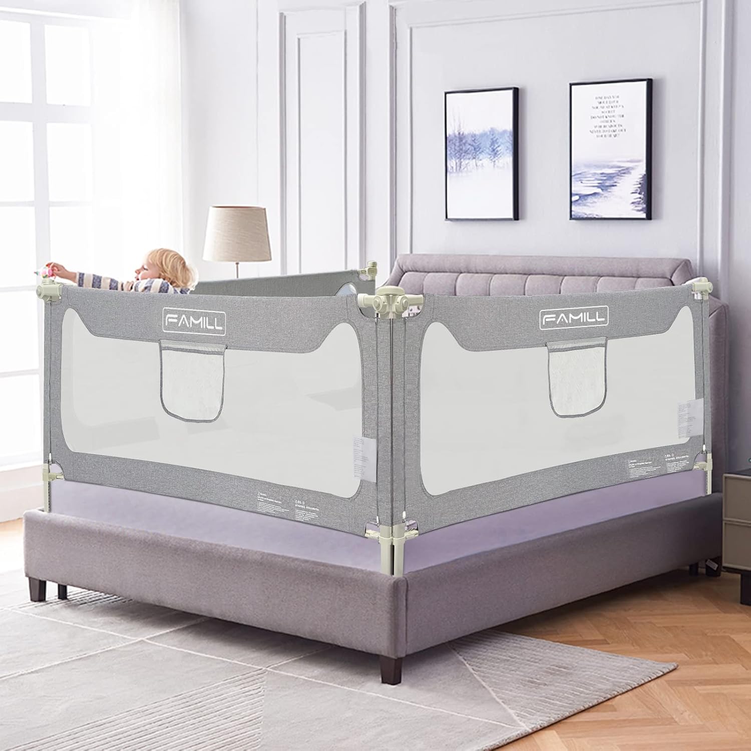 FAMILL Bed Rail for Toddlers with U-Shaped Base, Toddler Bed Rails, Suitable for...