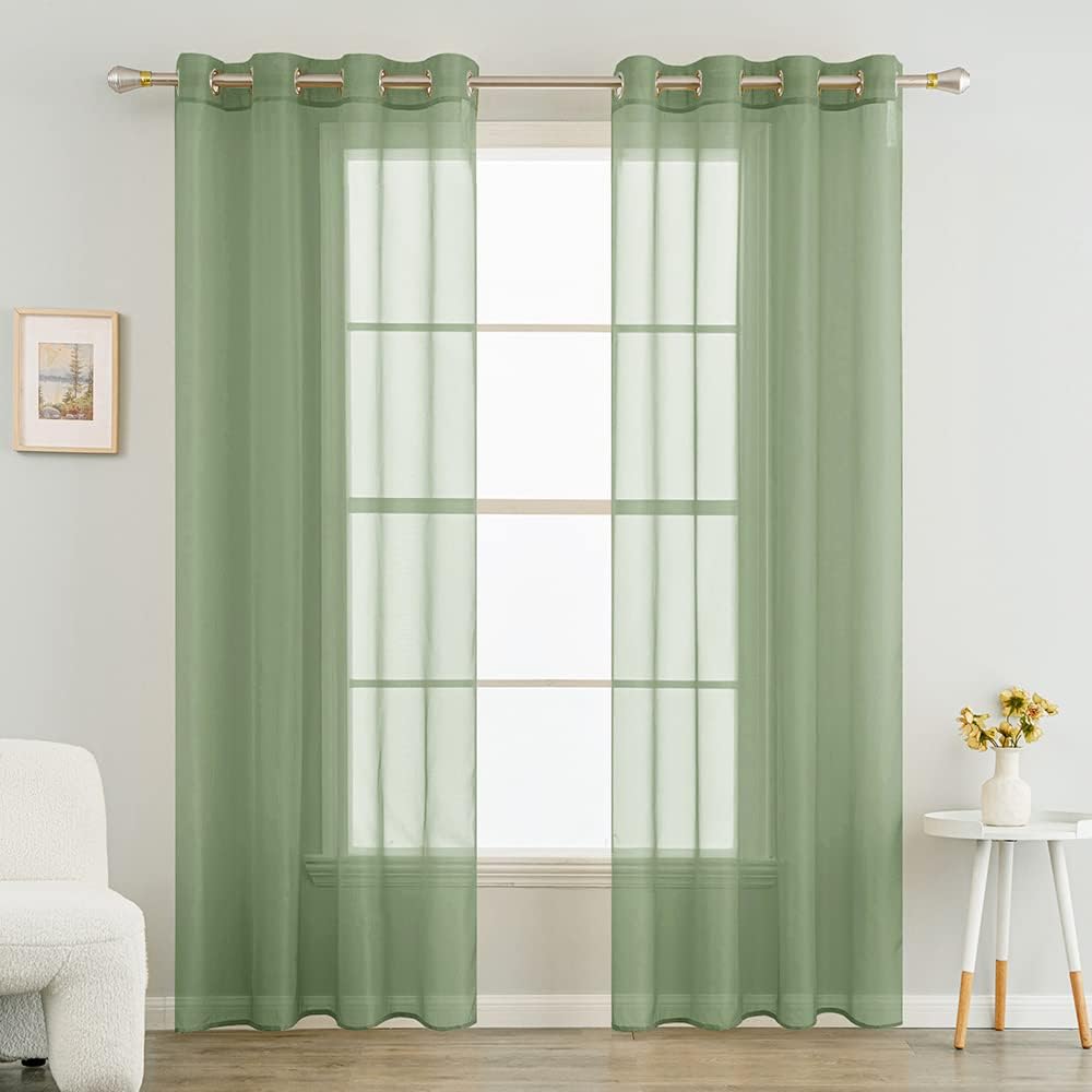 MIULEE 2 Panels Solid Color Green Sheer Curtains 84 Inch Length Set Elegant Grom...