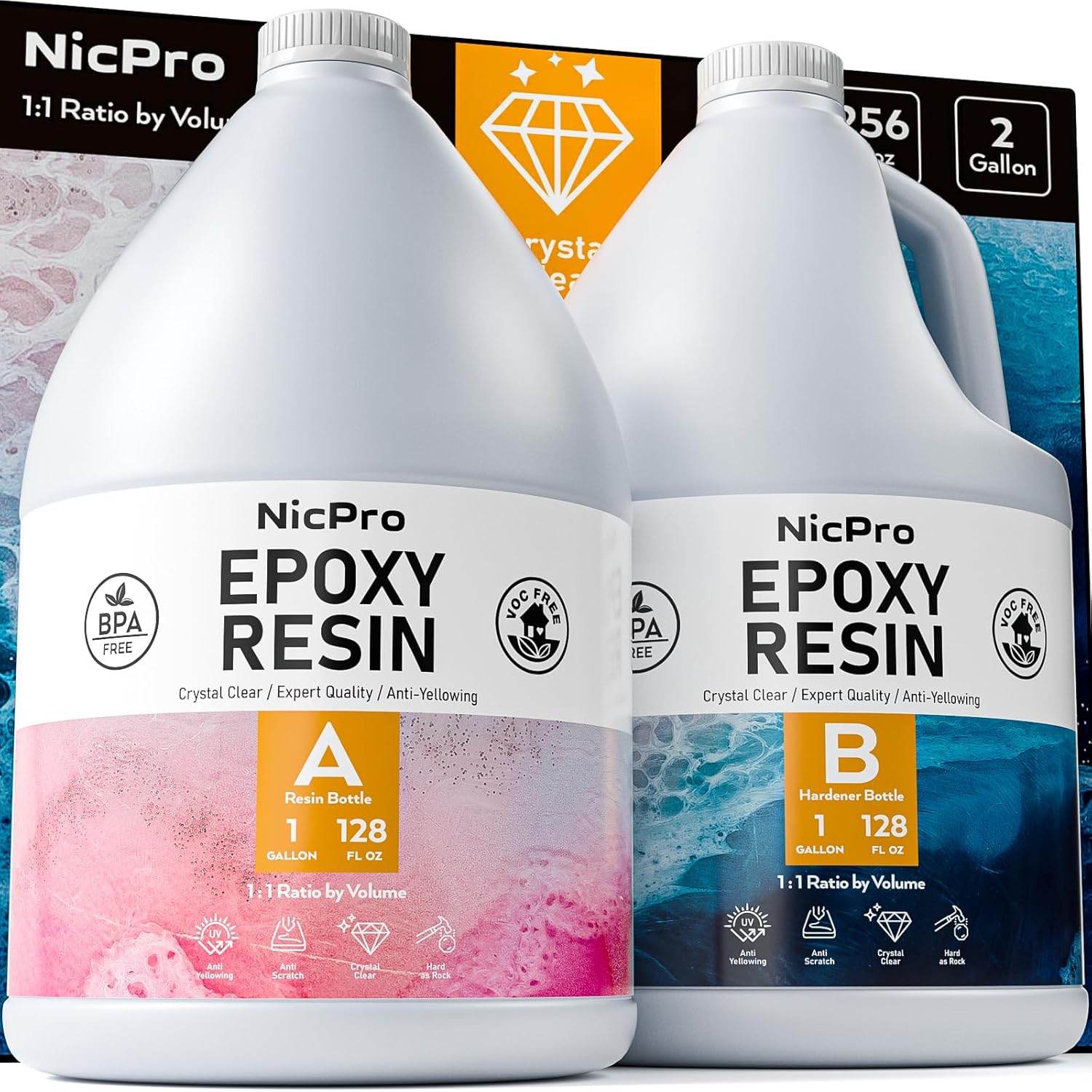 Nicpro 2 Gallon Crystal Clear Epoxy Resin Kit, Not Yellowing & Bubbles Free Food...