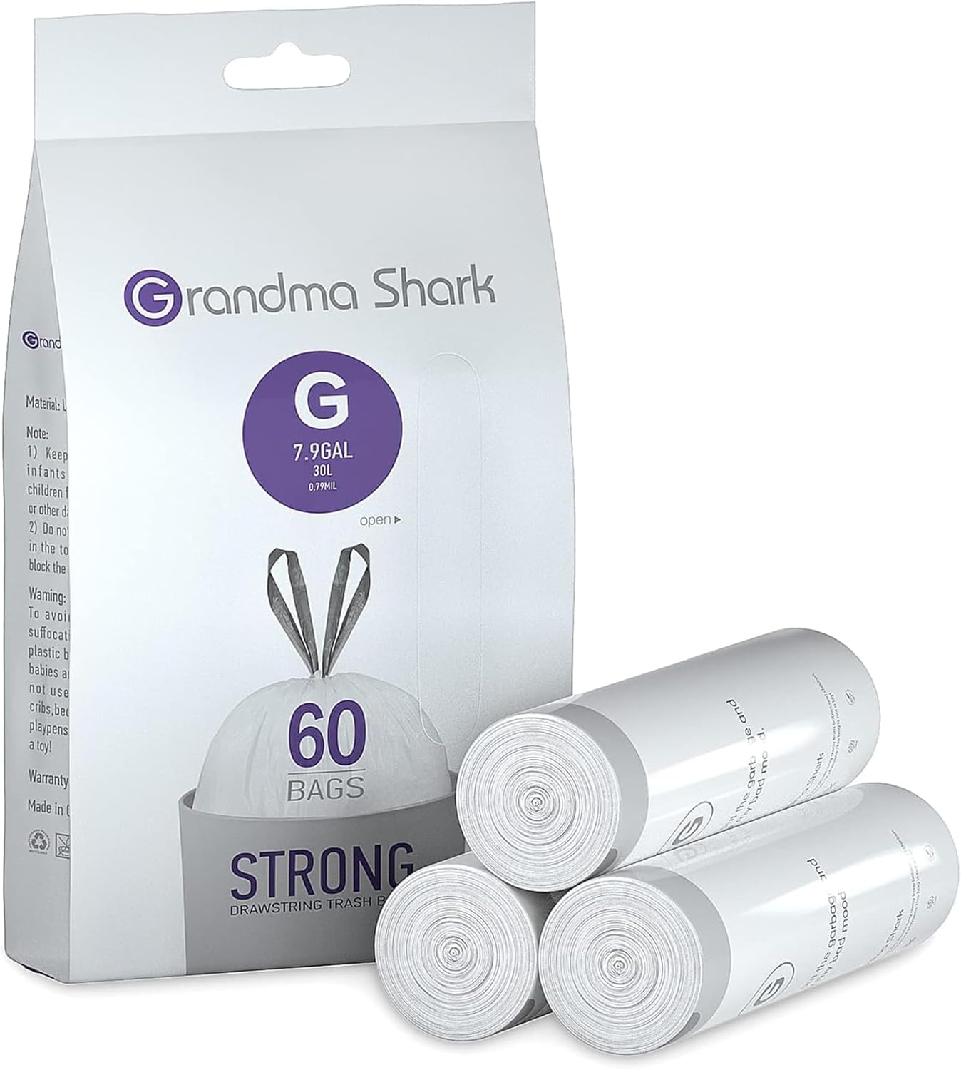 GRANDMA SHARK 30L UP TO 35L Bin Bags Liners Drawstring Trash Bag, Handle Waste B...
