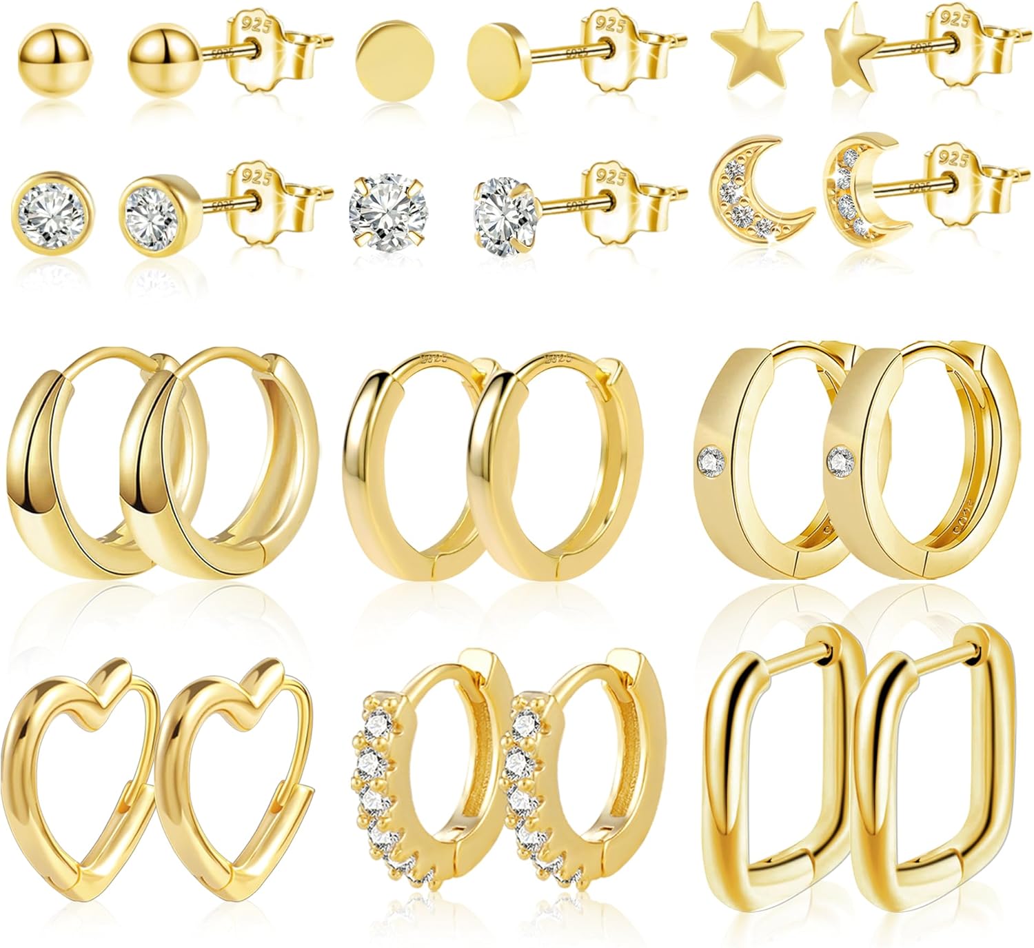ALEXCRAFT 9/12 Pairs Multipack 925 Sterling Silver Earrings Set, 14k Real Goldpl...