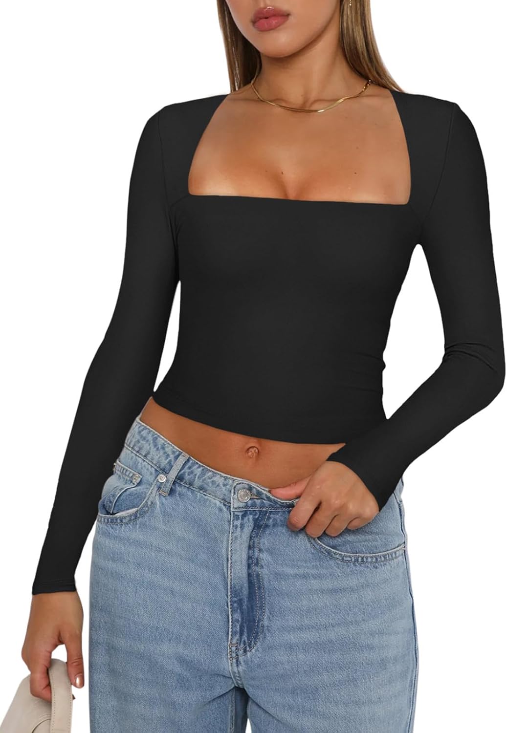 REORIA Women's Basic Sexy Square Neck Long Sleeve Y2K Going Out T Shirt Crop Top...