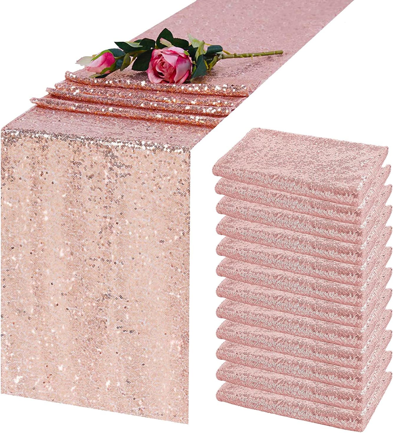 Rose Gold Sequin Table Runner 12" x 108" Pack of 12 Metallic Sparkle Table Runne...