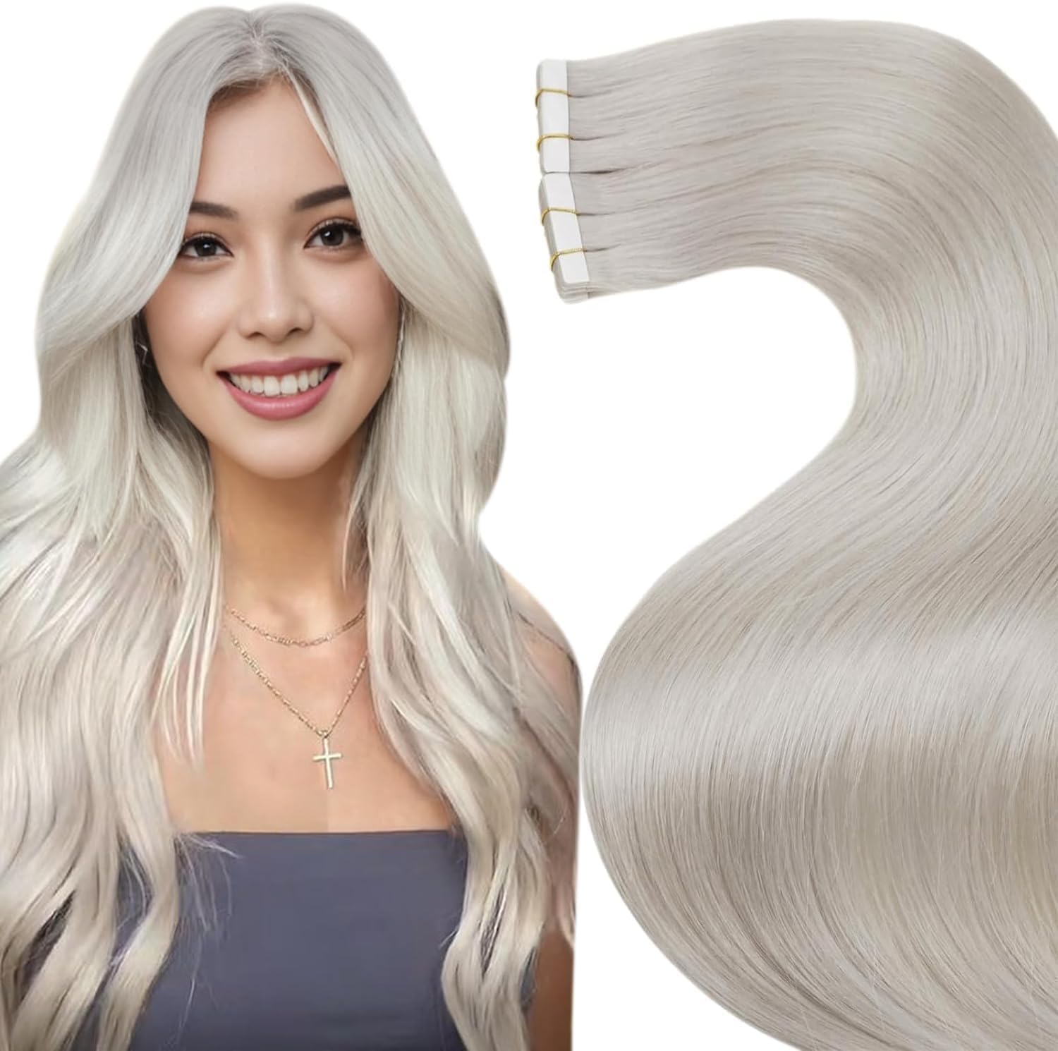 LaaVoo Tape in Hair Extensions Human Hair White Blonde Tape in Hair Extensions S...