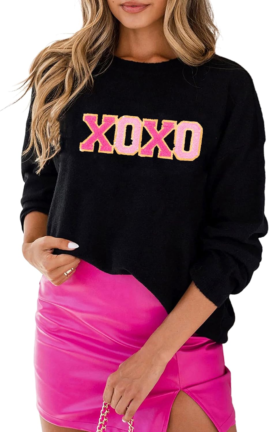 LEMAFER Women 2024 Merry Christmas Round Neck Sequin Letters Sweater Casual Soli...