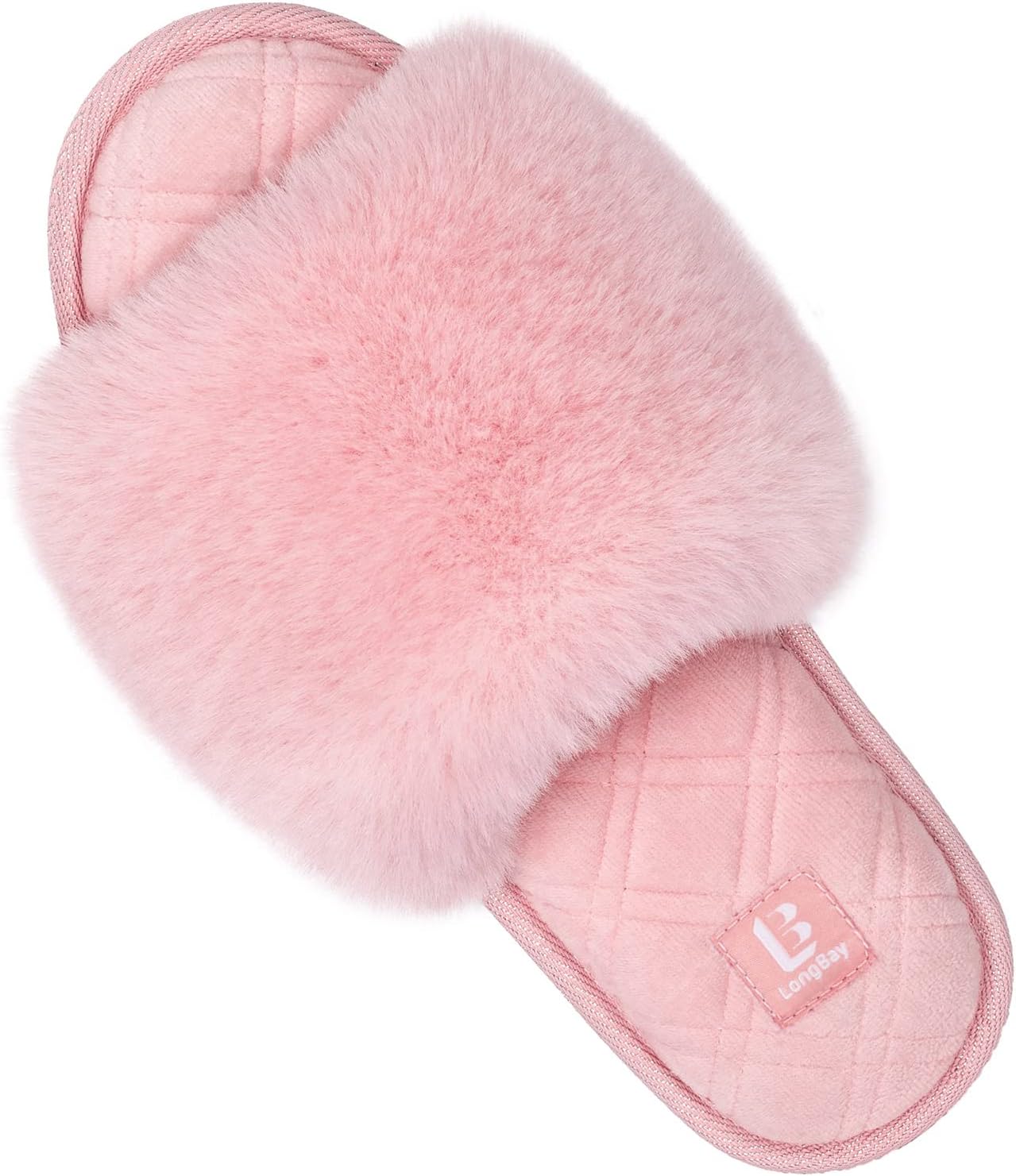 LongBay Women's Fuzzy Faux Fur Memory Foam Cozy Flat Spa Slide Slippers Comfy Op...