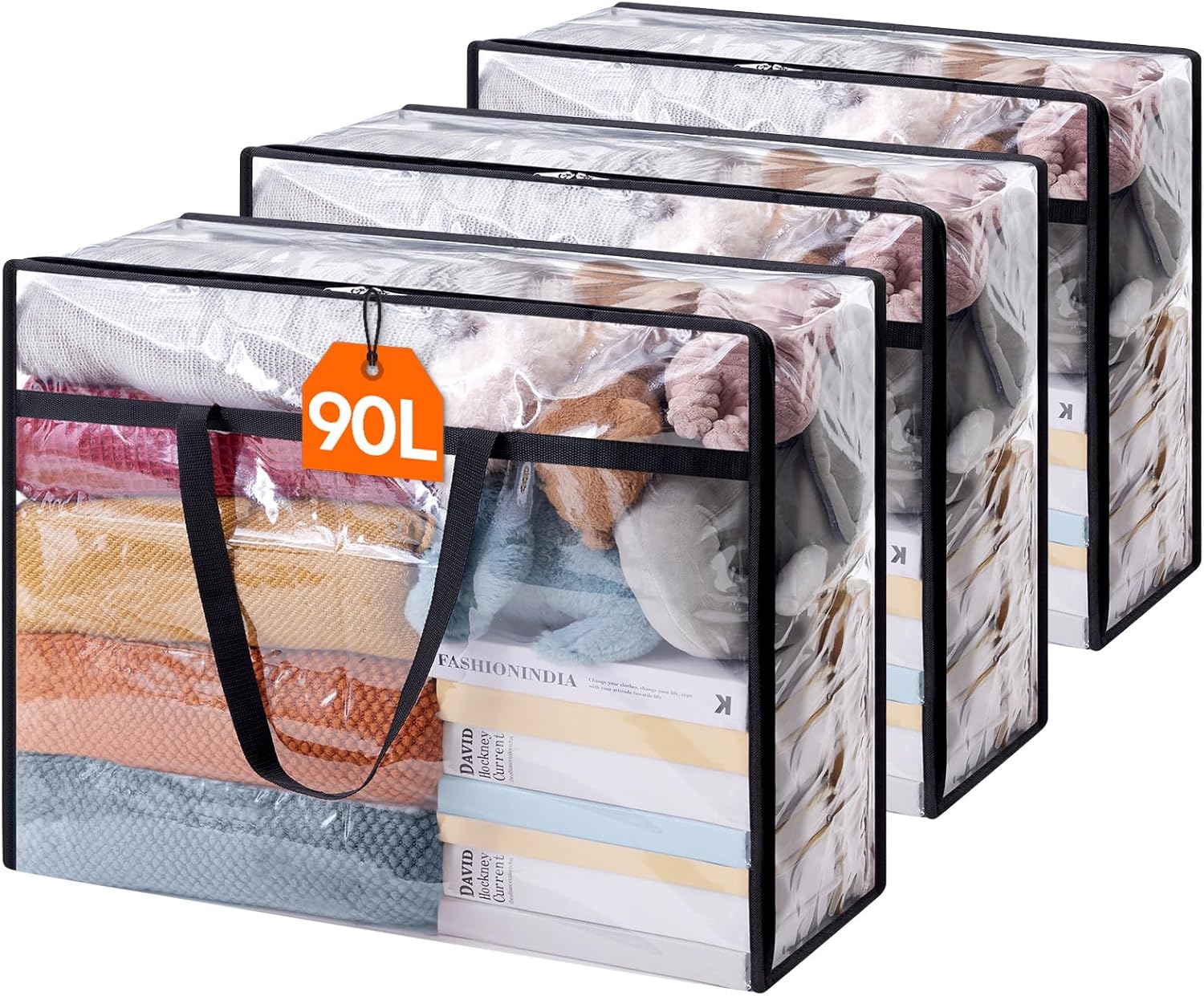 Lifewit 3 Pack Clear Clothes Storage Bags, 90L Plastic Blanket Storage Bags, Vin...
