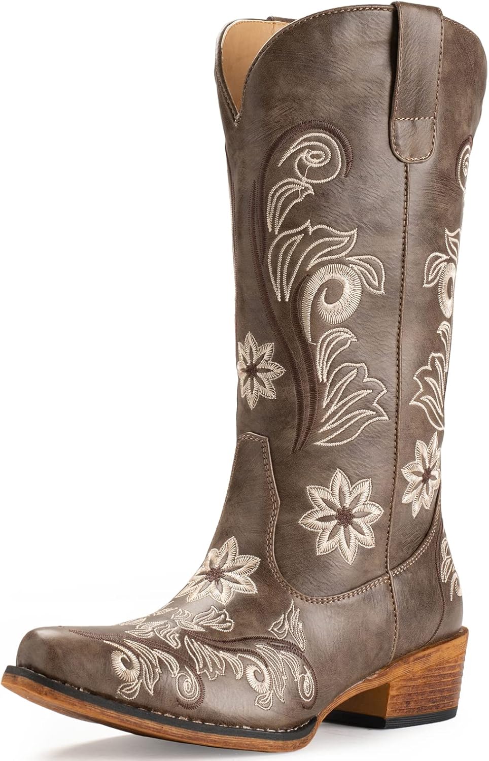 IUV Cowboy Boots For Women Mid Calf Cowgirl Boots Embroidered Pull-On Tabs Snip...