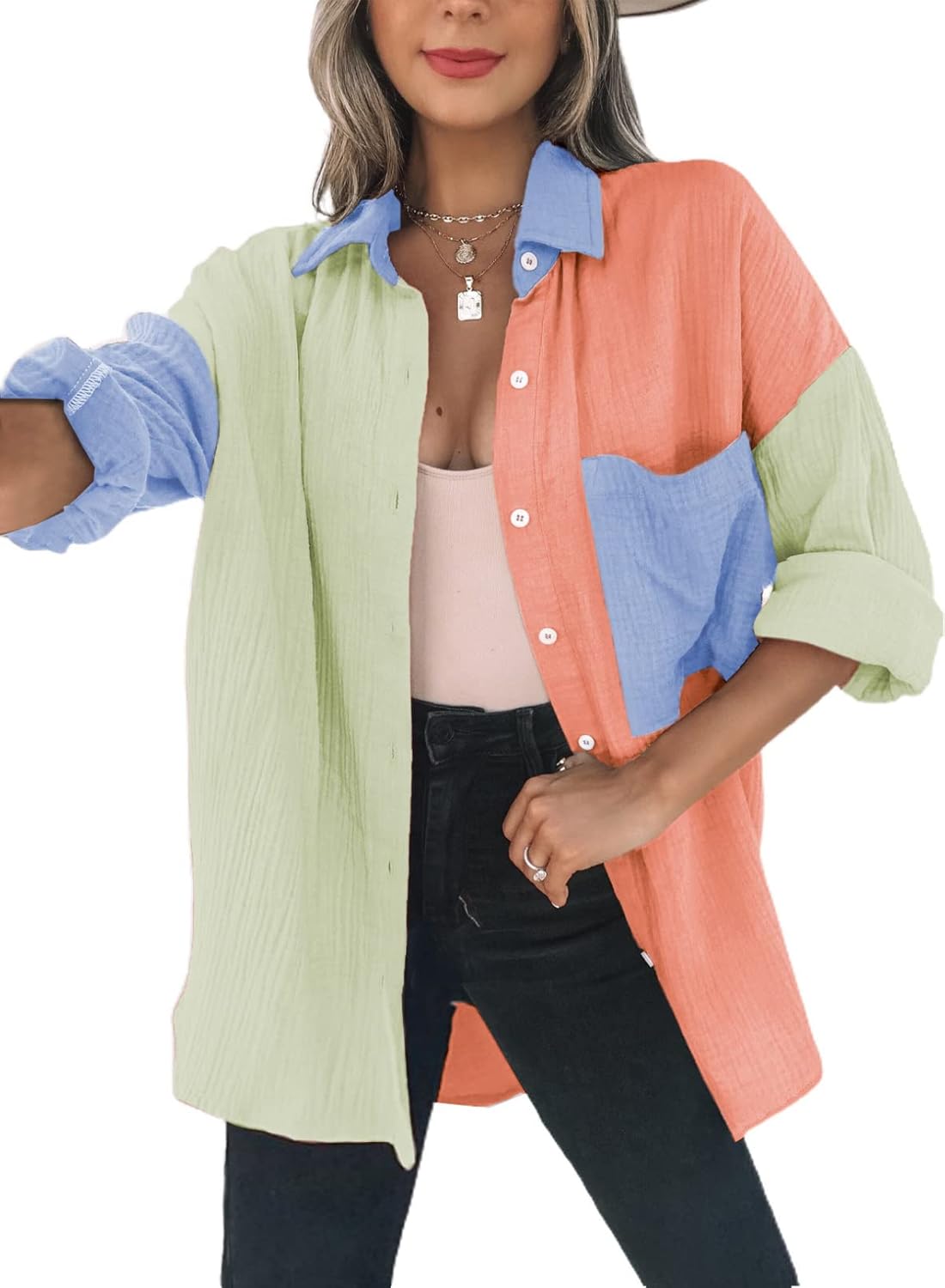 Dokotoo Womens Color Block Button Down Shirts Long Sleeve Oversized Boyfriend Bl...