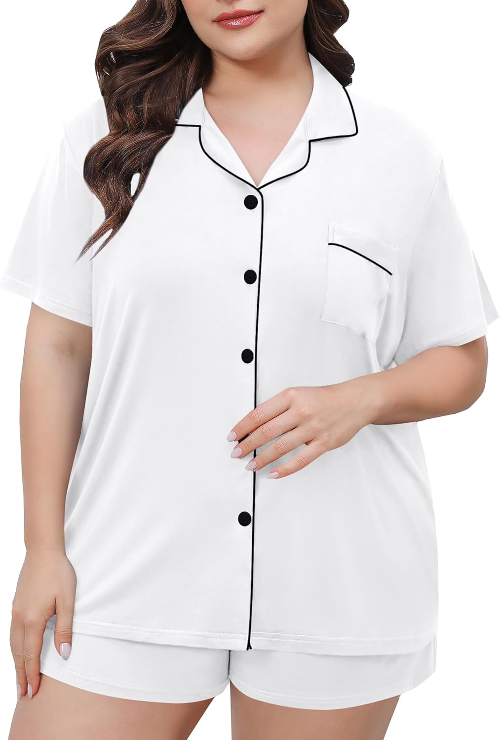 SWOMOG Women's Plus Size Pajamas Set Button Down Tops Short Sleeve Sleepwear Sof...
