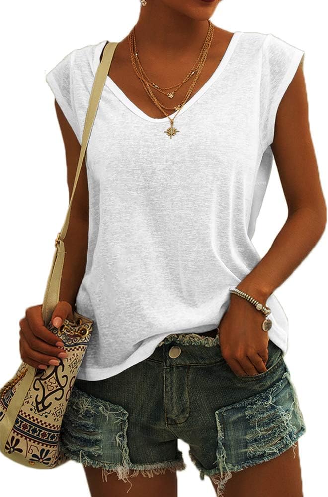 Langwyqu Womens' Cap Sleeve Casual Loose Fit Basic Shirts Tank Tops X-Large Whit...