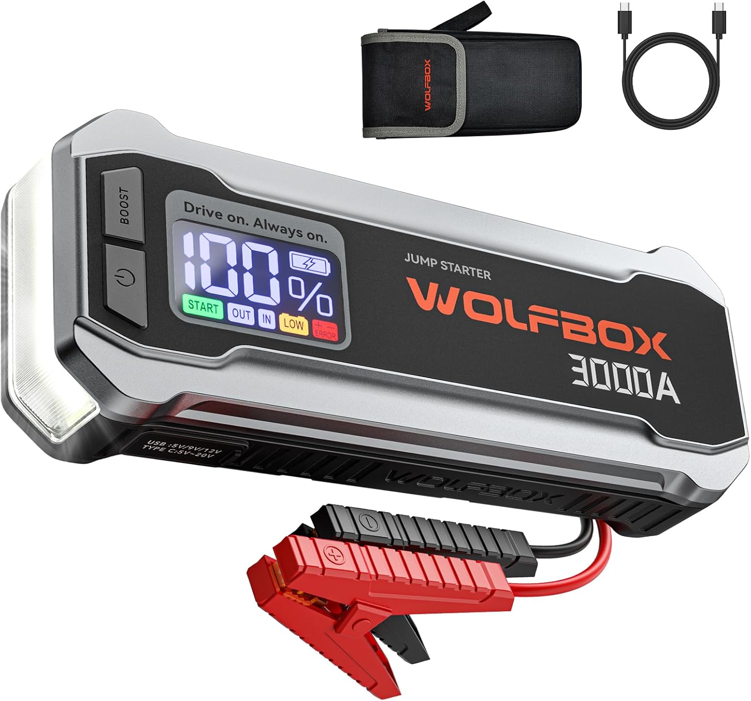 WOLFBOX 3000A Jump Starter,12V Car Battery Jump Starter,65W Quick Charge,16000mA...