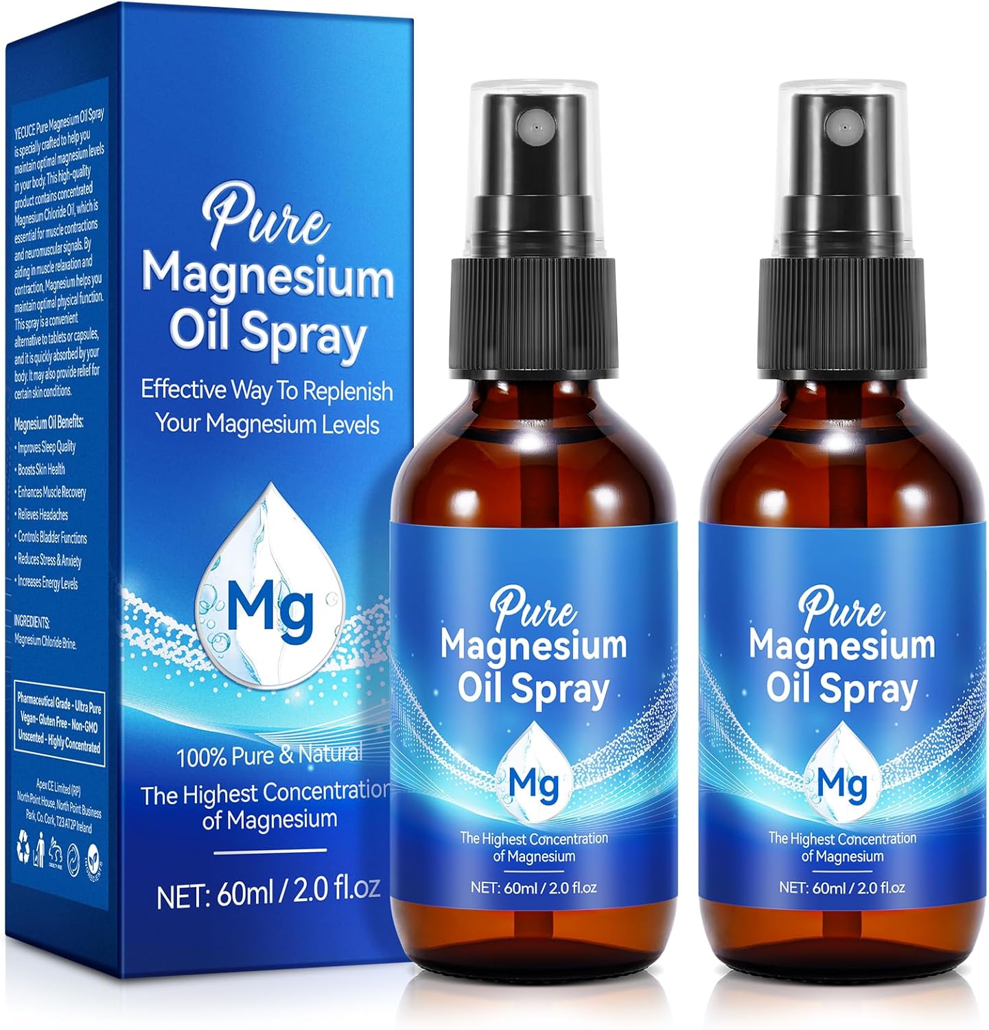 2Pack Pure Magnesium Oil Spray, 100% Natural Topical Magnesium Spray for Feet, M...