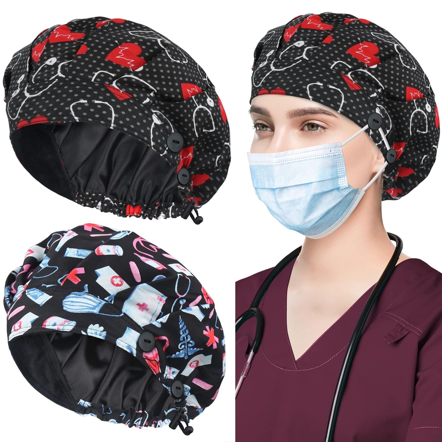 ABAMERICA 2 Pack Bouffant Caps with Button and Sweatband, Adjustable Scrub Caps...