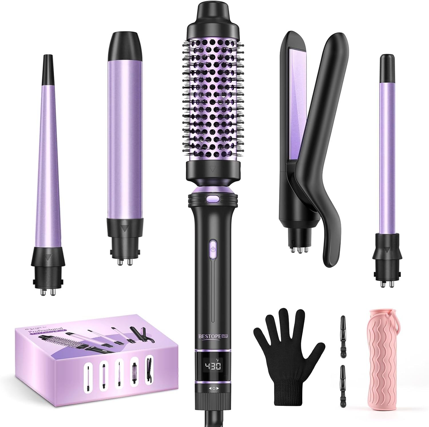 5 in 1 Curling Iron, Curling Wand Set with Thermal Brush, Flat Iron Hair Straigh...