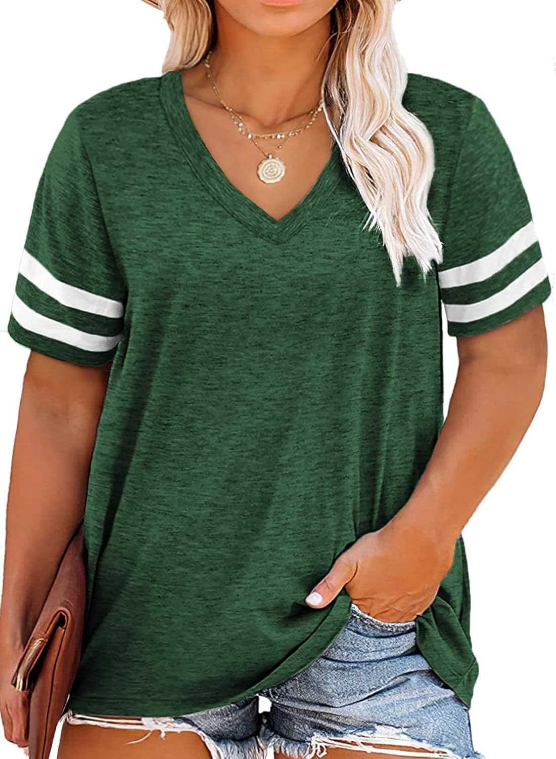 Happy Sailed Womens Plus Size Tunic Tops Summer Short Sleeve V Neck Striped Loos...