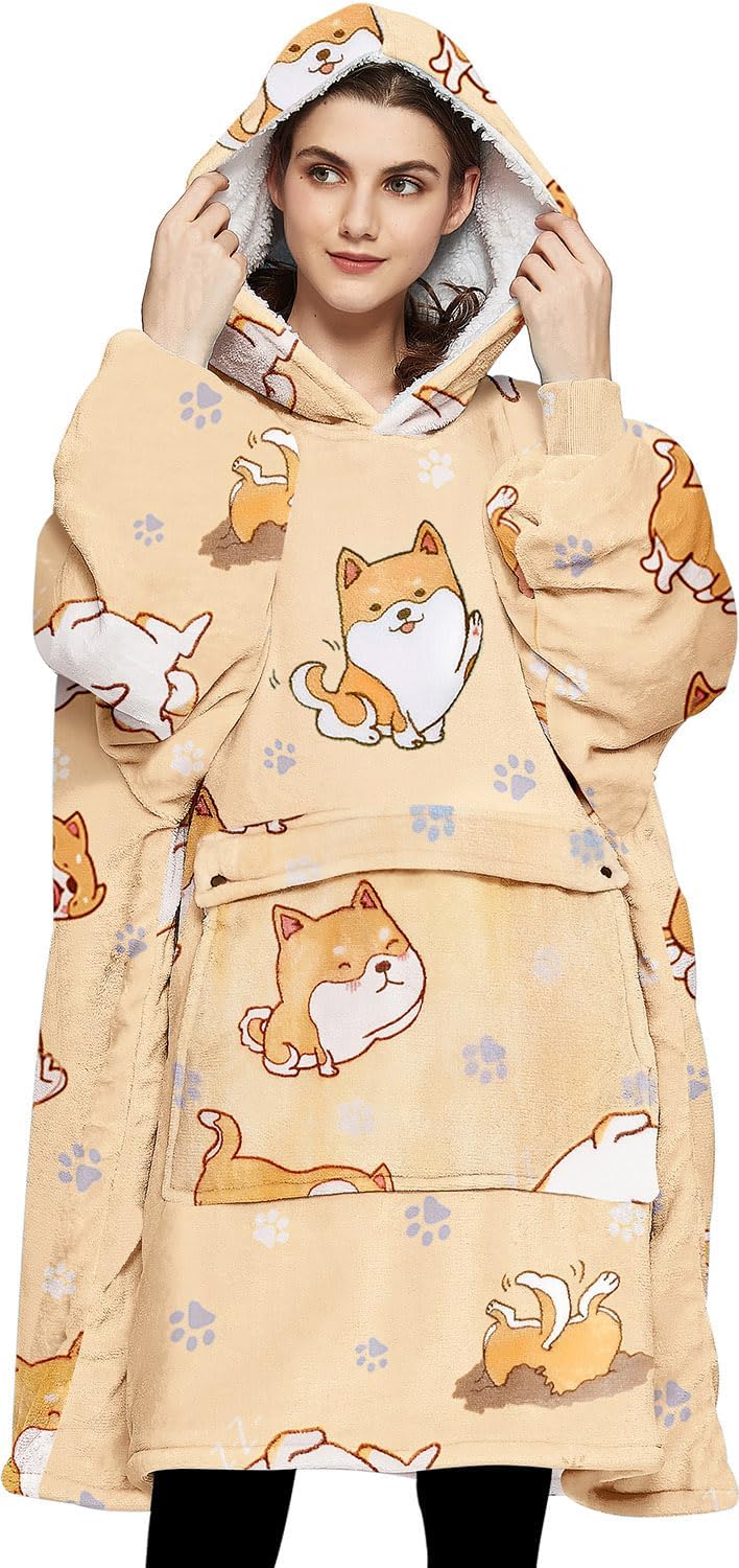 KFUBUO Wearable Blanket Hoodie for Adults Sherpa All Patterns Dog Oversized Swea...