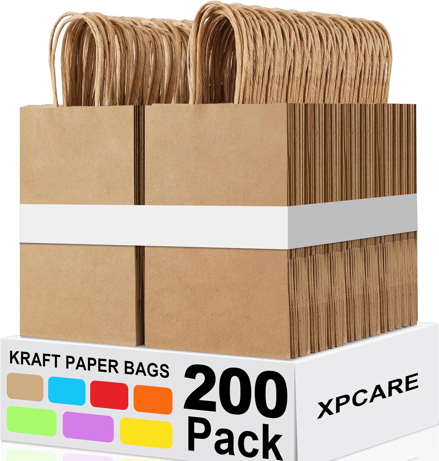 XPCARE 200Pcs Paper Gift Bags 5.25x3.25x8.25'',Gift Wrap Bags with Handles Brown...