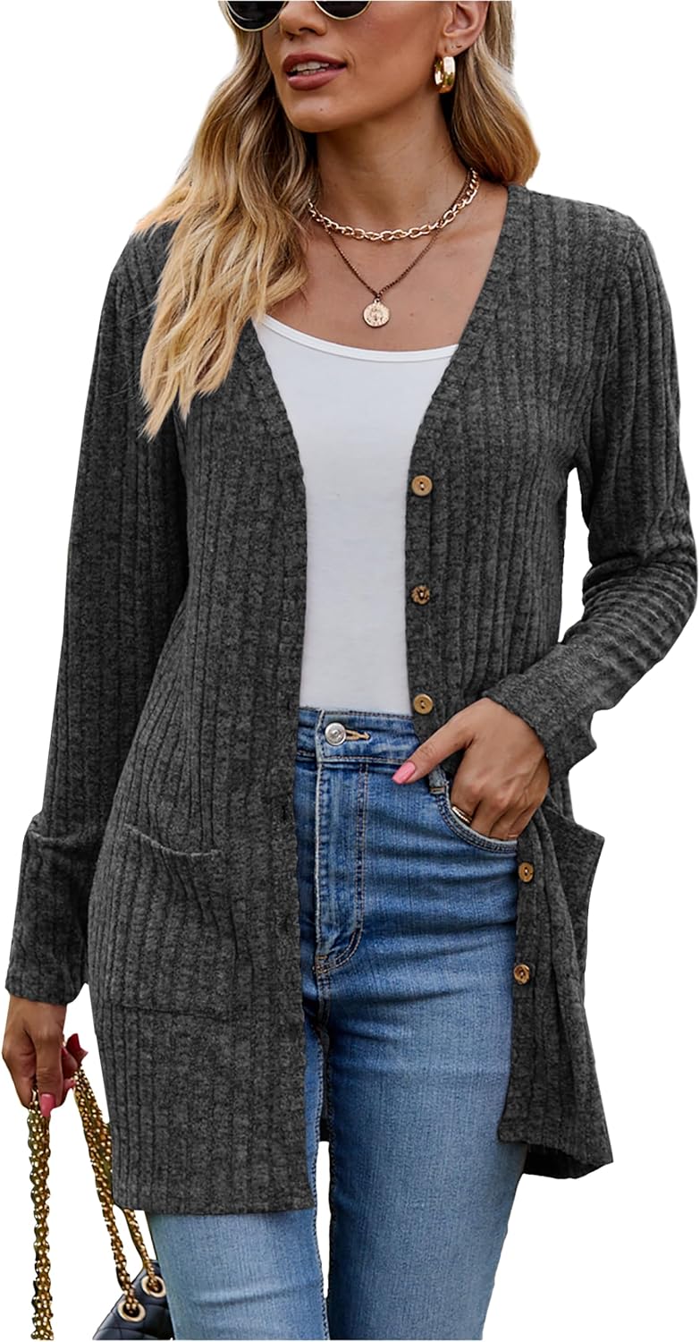 Famulily Women's Long Sleeve Open Front Cardigans, Button Down V Neck Lightweigh...