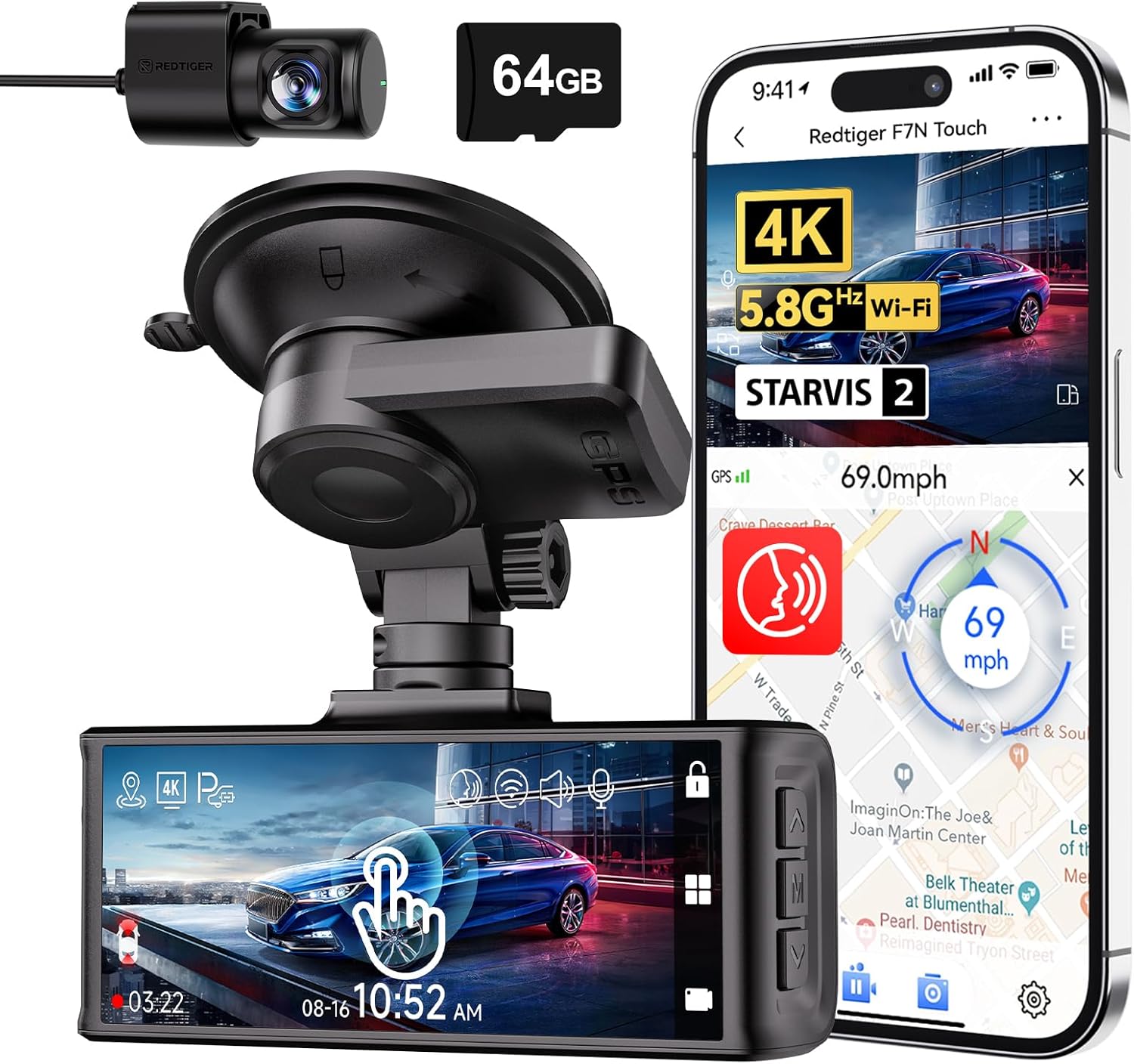 REDTIGER 4K Dash Cam Front and Rear, Touch Screen 3.18 Inch, Voice Control, 5.8G...