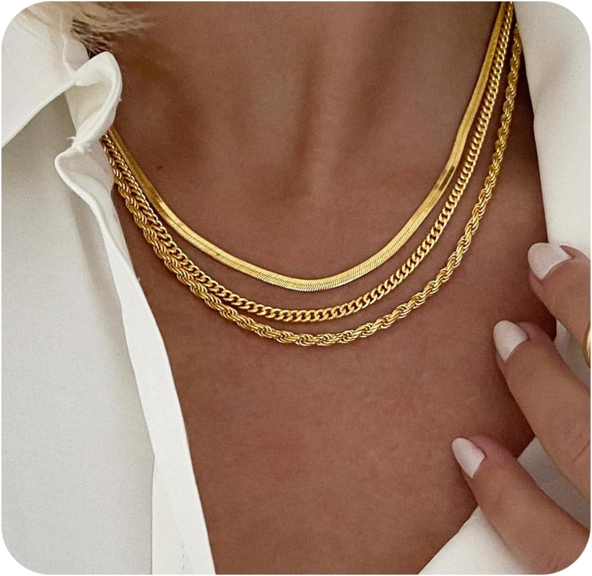 14K Gold Plated Layering Necklaces For Women Gold Necklace Set, Cuban Link, Snak...
